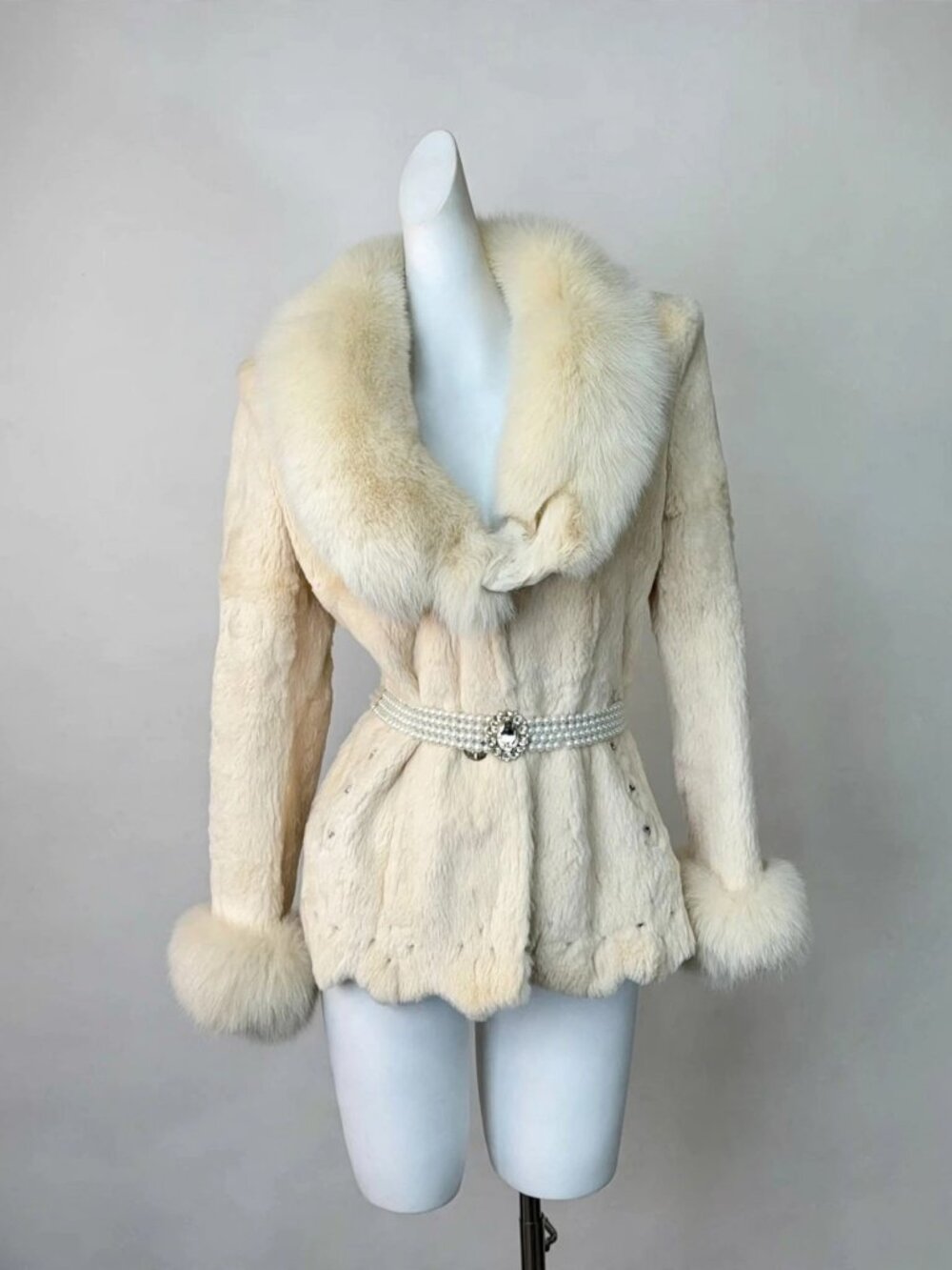Cream Fur Jacket with Oversized Fur Collar and Fur Cuffs - Size S
